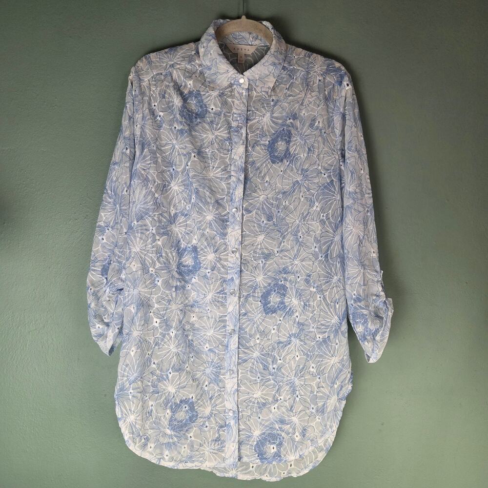 Adiva Womens Blue White Floral Embroidered Eyelet Button Down Tunic Top Medium